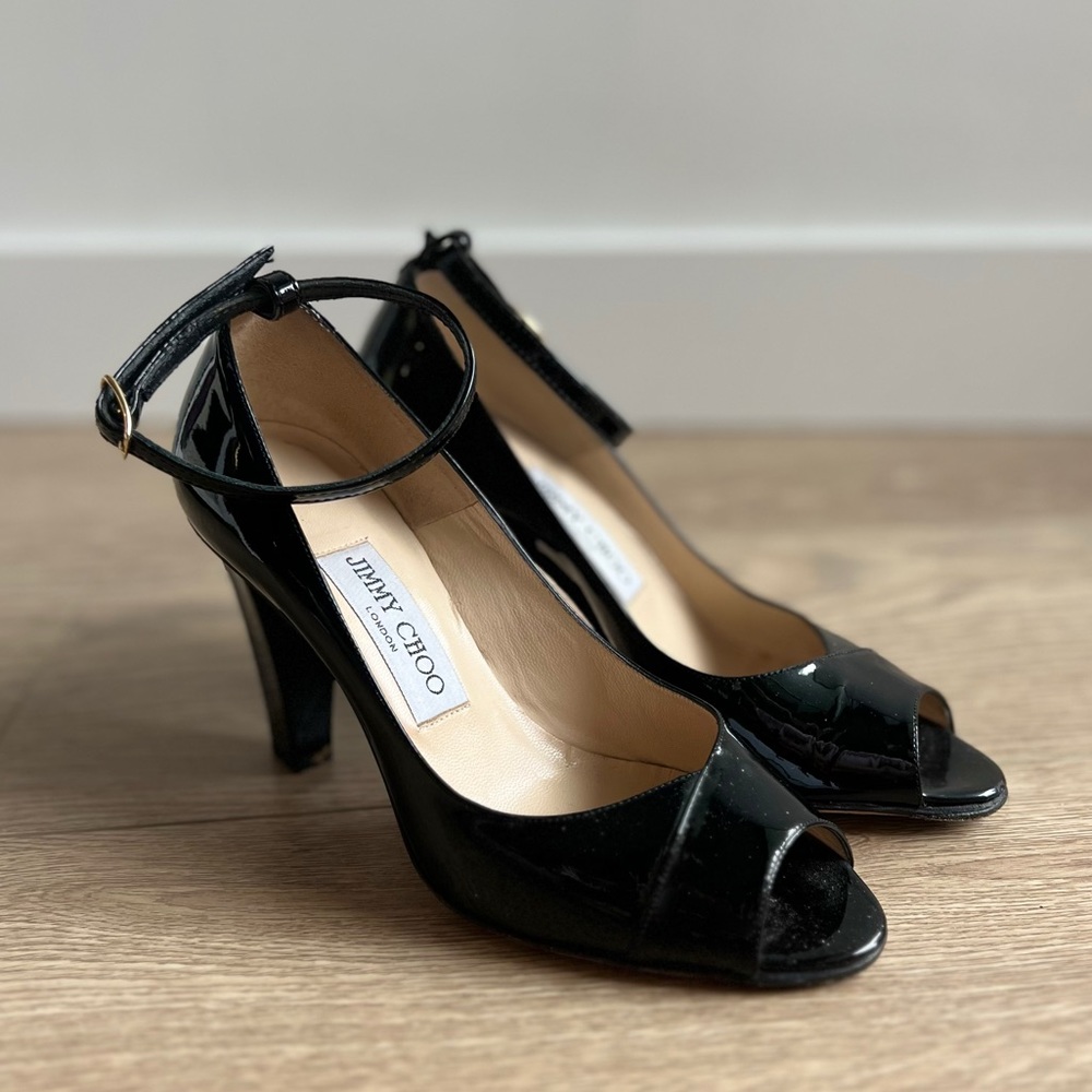JIMMY CHOO Black Patent Leather Peep-Toe Ankle Strap Platform Pumps